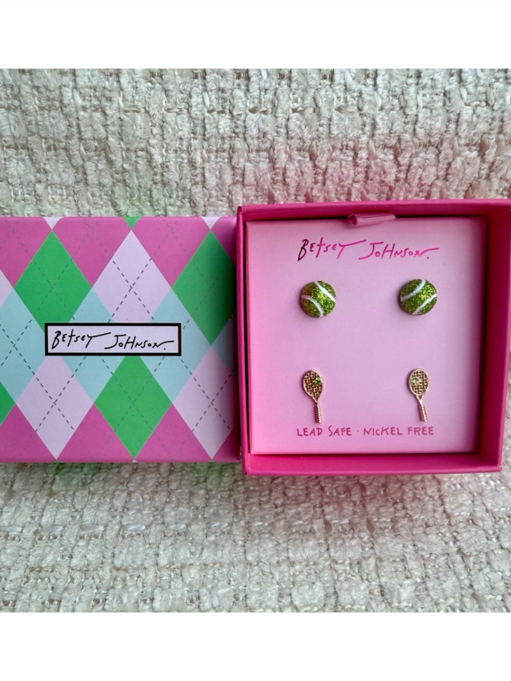 Betsey Johnson Tennis Earrings 2 Pair Post Back Ball Racquet Kitsch Gift Box New